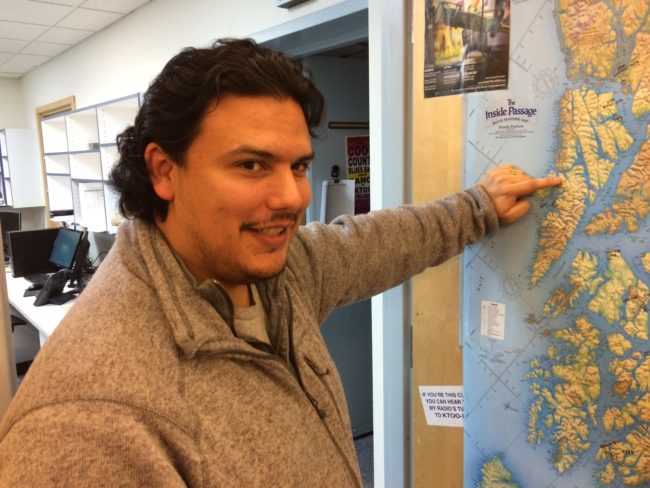 Katasse points to Fish Bay on Baranof Island where the play is set. (Photo by Scott Burton/KTOO)