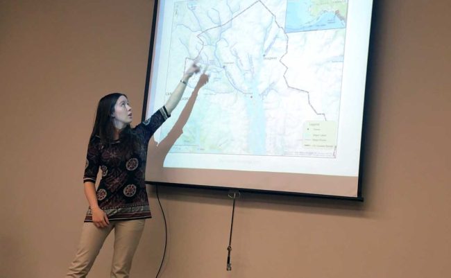 Allyson Olds points to the area where she focused her research on hooligan run times. (Photo by Jennifer Canfield/KTOO)