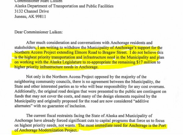 Ethan Berkowitz letter to DOT to kill Bragaw extension