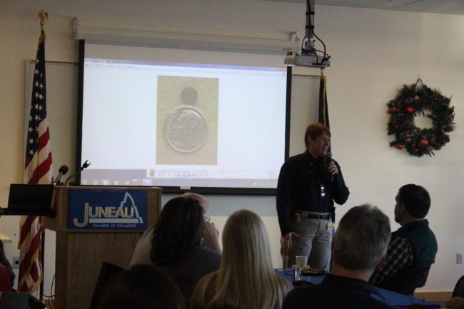 On Thursday, Lt. Kris Sell with the Juneau Police Department spoke to a packed chamber lunch about heroin. Chief Bryce Johnson is attending Sunday's Stop Heroin, Start Talking event. (Photo by Elizabeth Jenkins/KTOO) 