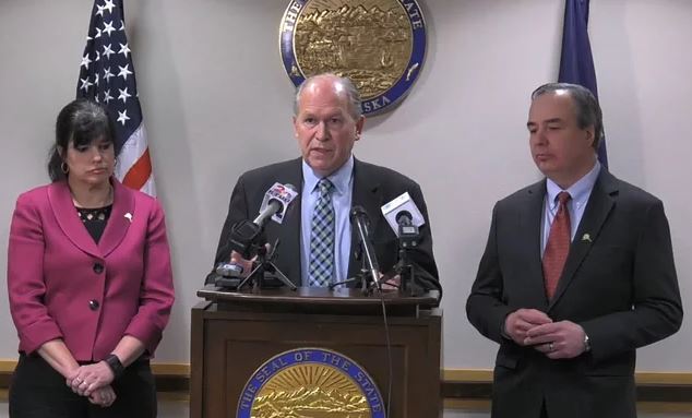 BP Alaska President Janet Weiss, Gov. Bill Walker and ConocoPhillips Alaska President Joe Marushack announced Wednesday that they're exploring options on the Alaska Liquefied Natural Gas Pipeline, but declined to give specifics. (Screenshot)