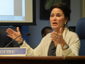 Sen. Lesil McGuire, R-Anchorage, in the Senate State affairs committee, Jan. 28, 2016, during discussion of SB 128. (Photo by Skip Gray/360 North)