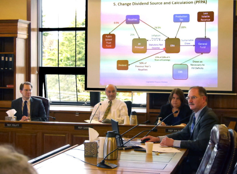 Legislative Finance Director David Teal presents an overview Feb. 22, 2016 comparing three different bills in the House Finance Committee (HB 224, 245, 305) that would affect the Permanent Fund and its dividends. (Photo by Skip Gray/360 North)
