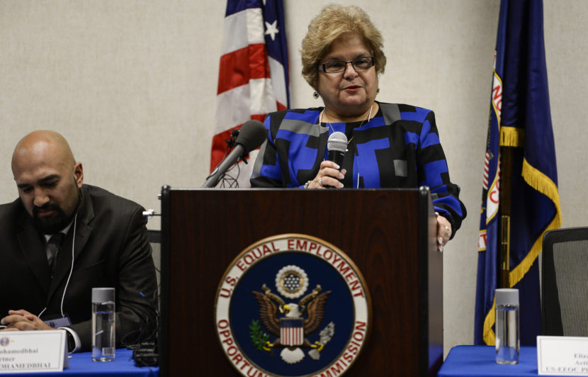Elizabeth Cadle of the Equal Employment Opportunity Commission answers questions on Feb. 16 about the $1 million settlement of a lawsuit against Vail Run Resort. John Leyba/Denver Post via Getty Images
