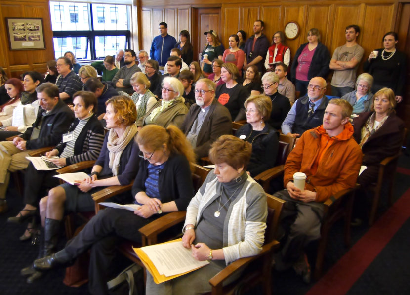 A crowd representing a variety of interests gathered in the House Finance Committee room during public testimony on the state budget, Feb, 29, 2016. (Photo by Skip Gray/360 North)