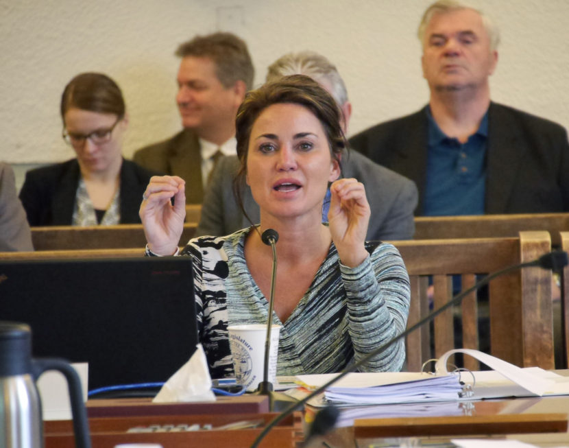 Sen. Lesil McGuire, R-Anchorage, explains Senate Bill 114 to the Senate Finance Committee, March 22, 2016. The bill reflects her vision for how the Permanent Fund and other state financial accounts should be managed. (Photo by Skip Gray/360 North)