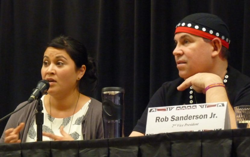 Barbara Blake, special assistant to Lt. Gov. Byron Mallott, answers a question about transboundary mining while Tlingit-Haida Central Council Rob Sanderson Jr. listens at a Native Issues Form March 9, 2016, in Juneau. (Photo by Ed Schoenfeld/CoastAlaska News)