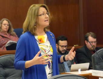 Sen. Anna MacKinnon, R- Anchorage on the floor of the Senate during debate about the state operating budget, March 14, 2016. (Photo by Skip Gray/360 North)
