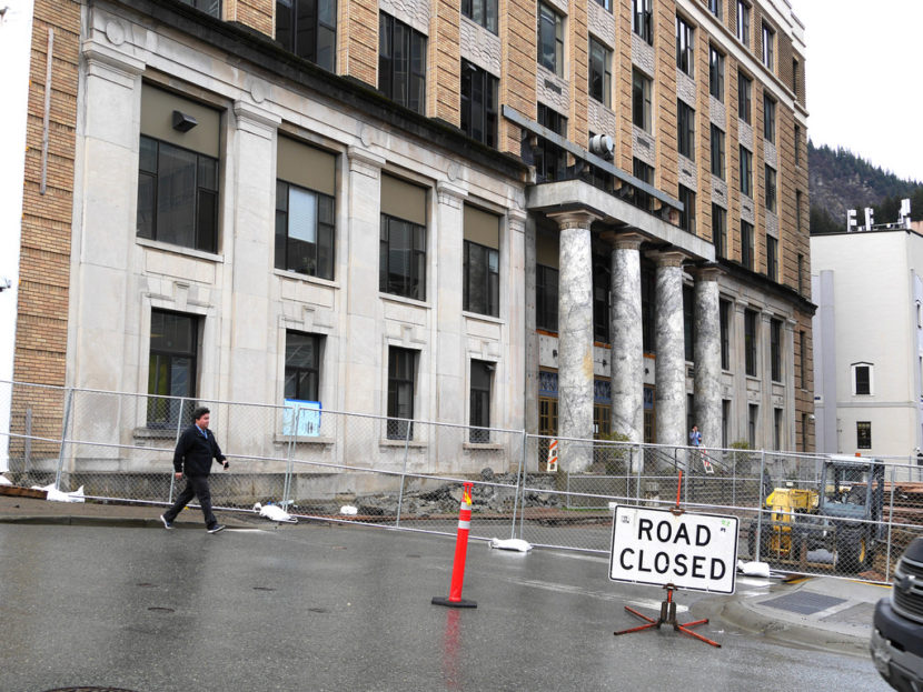The street in front of the state Capitol was barricaded April 18, 2016, hours after the scheduled end of the regular legislative session. The street and the main entrance to the building were closed for planned renovations to the exterior of the building. (Photo by Skip Gray/360 North)