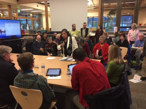 The Planning Commission listens to citizen testimony about land use. Paulette Moreno of the Alaska Native Sisterhood urged the commission to include Tlingit elders in the process. (Photo by Emily Kwong/KCAW)