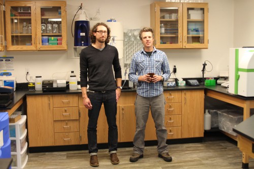 Lab manager Michael Jamros stands with Chris Whitehead, founder of the Southeast Alaska Tribal Ocean Research group. The lab hopes to be regional testing hub for commercial and casual shellfish harvesters alike. (Photo by Emily Kwong/KCAW)