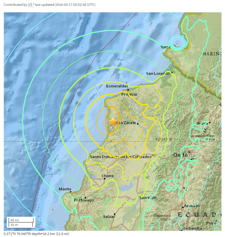 The U.S. Geological Survey says the 7.8 magnitude quake was centered 16 miles (27 kilometers) south-southeast of Muisne, a sparsely-populated coastal town. The U.S. Geological Survey
