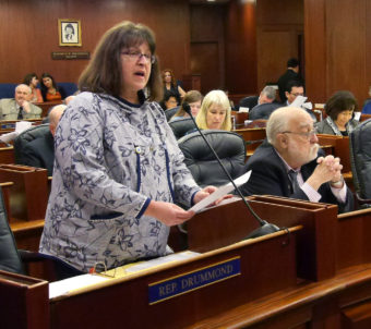 Rep. Harriet Drummond, D-Anchorage, speaks in support of a bill she sponsored to create Indigenous Peoples Day, April 1, 2016. (Photo by Skip Gray/360 North)