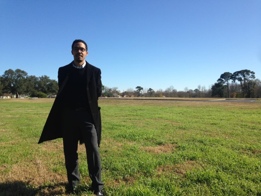 Jeff Hebert, who is leading New Orleans' efforts to adapt to rising sea levels, stands at the site of the future Mirabeau Water Garden, a federally funded project designed to absorb water in residential Gentilly. Tegan Wendland/WWNO