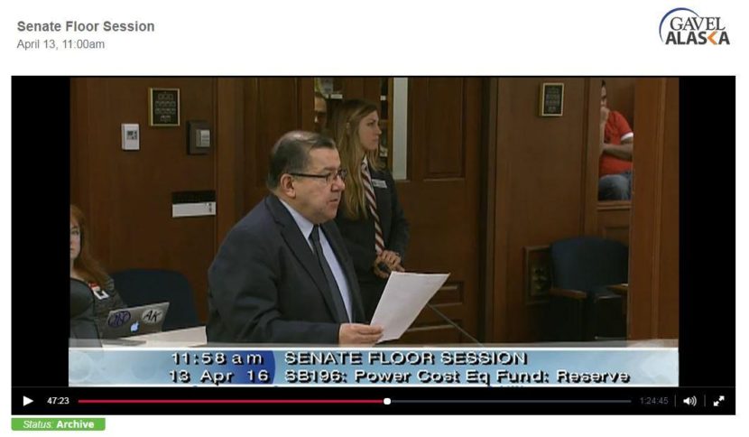 Sen. Lyman Hoffman, D-Bethel, speaks in support of Senate Bill 196 on April 13 in this screenshot from the Gavel archive.