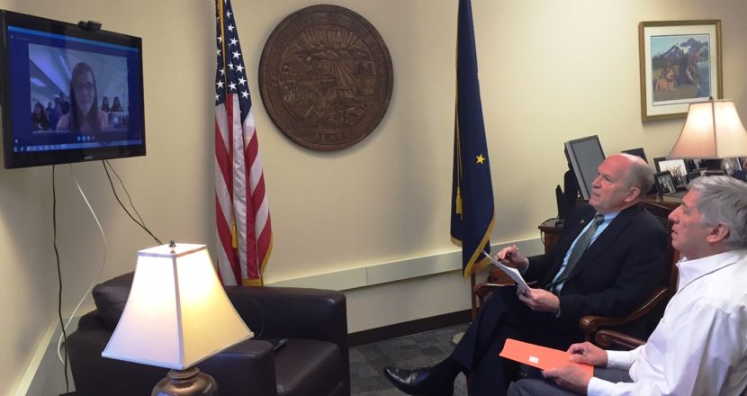 Alaska Gov. Bill Walker and Lt. Gov. Byron Mallott speak via Skype video to Malea Voran, a Port Alsworth student who won a ferry-naming contest. (Photo courtesy Governor's Office)