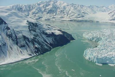 The Hubbard Glacier, near Yakutat, advances across the mouth of Russell Fjord. (Photo Courtesy U.S. Forest Service)