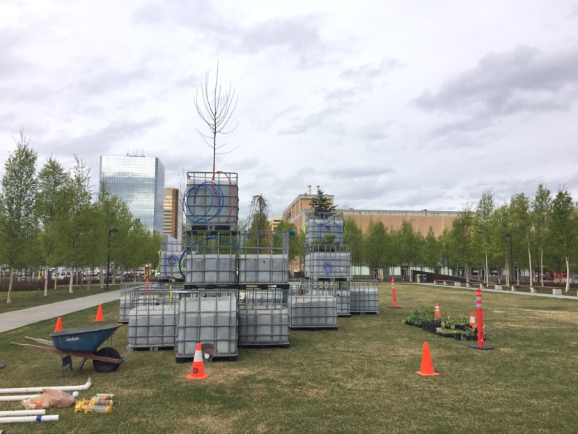 Mary Mattingly’s “Arctic Food Forest,” a living sculpture that functions similar to a small-scale ecosystem, exhibited in front of the Anchorage Museum as part of “The View From Up Here.” (Photo Zachariah Hughes/Alaska Public Media)