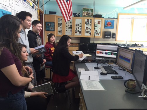 SeaTech students on a Skype call with Josh Jones of Scripps Institution of Oceanography. (Photo by Brielle Schaeffer/KCAW)