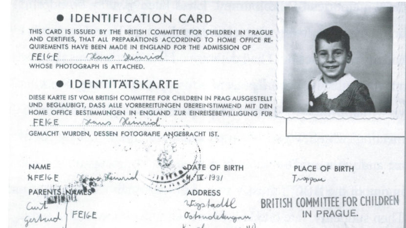 A copy of John Fieldsend's 1939 travel documents, arranged by Nicholas Winton. On these documents, Fieldsend is listed under his birth name, Hans Heini Feige. Courtesy of John Fieldsend