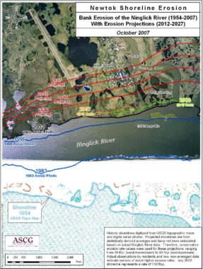 A 2007 map shows the steady erosion of land around Newtok, based on U.S. Geological Survey data, and projects the progression of the erosion toward the village. Credit State of Alaska