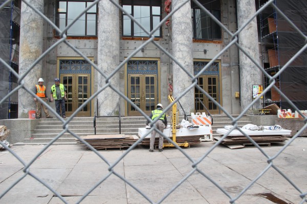 Crew clean up in front of the capitol in JUneau.