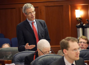 Rep. Matt Claman, D-Anchorage, discusses the state operating budget on the floor the House of Representatives, March 11, 2016. (Photo by Skip Gray/360 North)