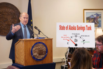 Gov. Bill Walker talks with reporters in his temporary offices in Juneau, June 19,2016. He had just called the legislature back for a fifth special session. (Photo by Jeremy Hsieh/KTOO)