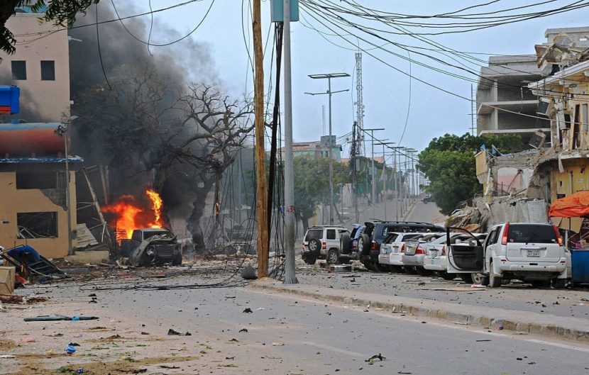 Fire is seen at the scene of a car bomb attack claimed by Al-Qaeda-affiliated Shabab militants on the Naasa Hablod hotel in Mogadishu on Saturday. Mohamed Abdiwahab /AFP/Getty Images