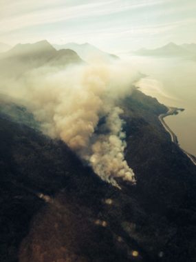 This aerial photo of a 25-acre wildfire burning in the McHugh Creek drainage south of Anchorage off the Seward Highway was taken at approximately 10:30 a.m., July 17, 2016. (Alaska Division of Forestry photo)