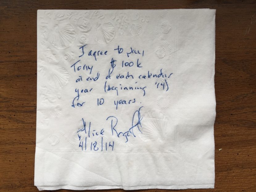 The napkin signed by Alice Rogoff. (Courtesy Tony Hopfinger)