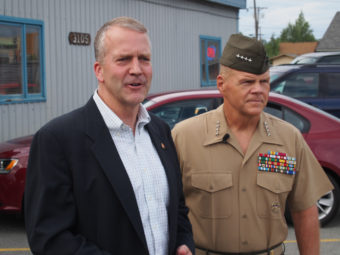Sen. Dan Sullivan and Gen. Robert Neller talking with reporters before an event at a VFW post in Mountain View. (Photo by Ben Matheson/for Alaska Public Media)