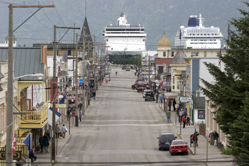 Cruise ships loom over Skagway’s Broadway Street. (Courtesy Skagway CVB)