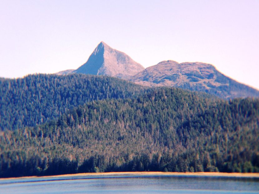 A mountain peak rises above the Tongass National Forest northeast of Sitka Aug. 3, 2016. (Photo by Ed Schoenfeld/CoastAlaska News)