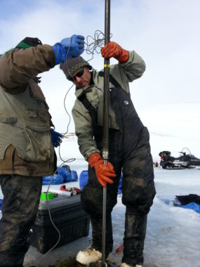 Matthew Wooller cores Lake Hill Lake, St. Paul island. (Photo courtesy Jack Williams)
