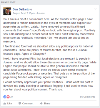Dan DeBartolo asked the Juneau Community Collective about his desire to continue moderating the Facebook page while running for school board. (Courtesy of Dan DeBartolo)