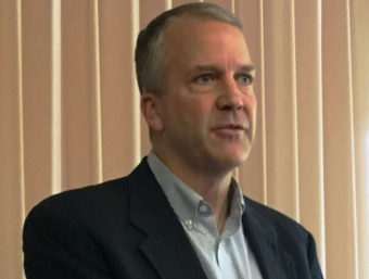 Sen Dan Sullivan, R-Alaska, speaks during a Ketchikan Chamber of Commerce lunch. (Photo by Leila Kheiry/KRBD)