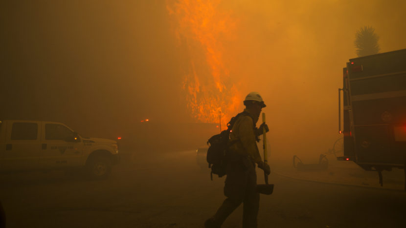 A firestorm engulfs the Mormon Rocks area in the San Bernardino National Forest off State Highway 138 in Phelan, Calif., as the Blue Cut fire rages out of control Tuesday afternoon. (Photo by Gina Ferazzi/LA Times via Getty Images)