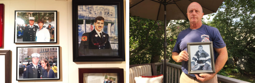 (Left) A sister of FDNY Battalion Chief Orio Palmer, who was killed on Sept. 11, keeps drawings of Palmer along with family photos in her basement. (Right) Retired FDNY Lt. Jim McCaffrey holds a portrait of Palmer, his late brother-in-law. Hansi Lo Wang/NPR