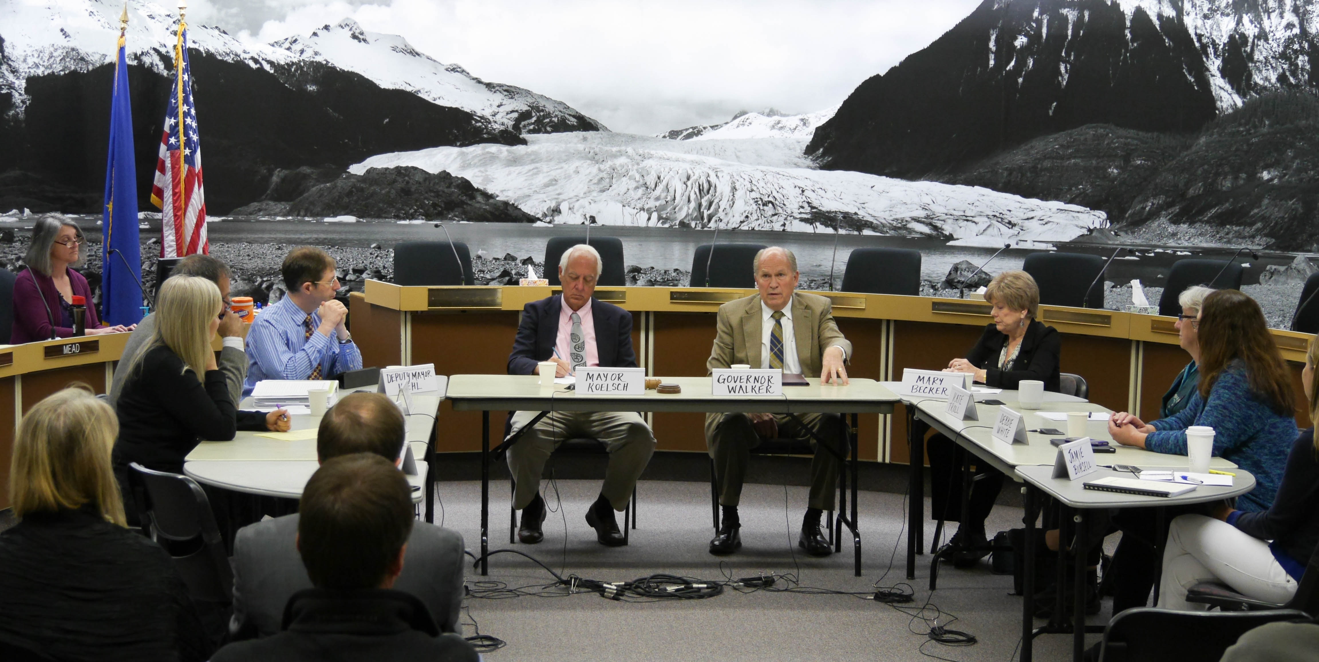 Walker discusses his fiscal plan during a recent visit to the Juneau Assembly at the City Hall Assembly Chambers. (Photo by Lakeidra Chavis/ KTOO)