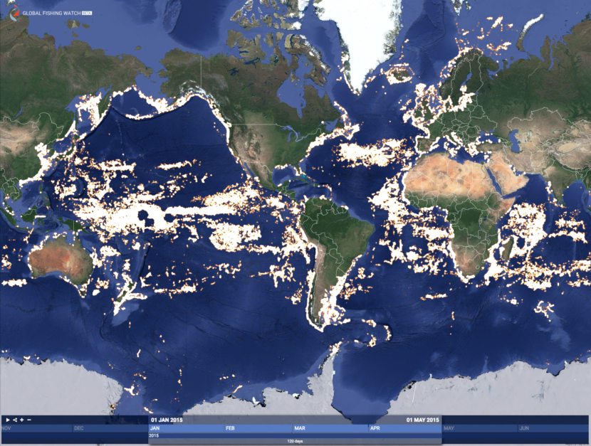 A satellite-based program from Google, Oceana, and SkyTruth hopes to help everyone track the movement of commercial fishing vessels around the world. (Courtesy Oceana.)
