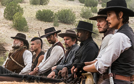 From left to right, the Magnificent Seven are Vincent D'Onofrio, Martin Sensmeier, Manuel Garcia-Rulfo, Ethan Hawke, Denzel Washington, Chris Pratt and Byung-hun Lee. (Photo courtesy of Sony Pictures)