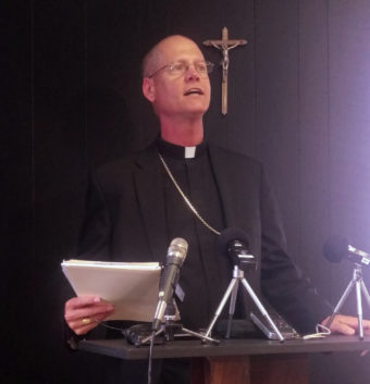 Archbishop-elect Paul Etienne addresses the public at the Archdiocese of Anchorage on Oct. 4, 2016. (Photo by Josh Edge/APRN)
