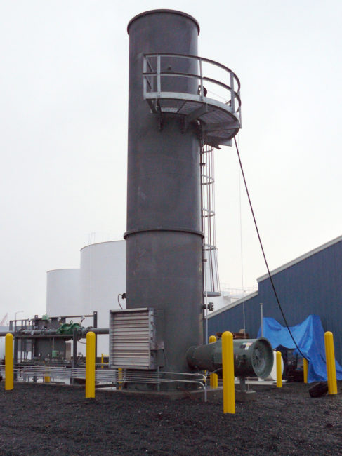 An air pollution control device at the Shoreside Petroleum Inc., faciliy in Seward, Alaska. The device is a flare that burns gasoline vapors. (Photo courtesy of the Environmental Protection Agency)
