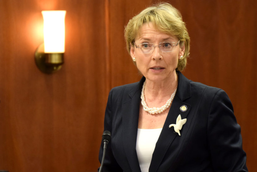 Sen. Cathy Giessel addresses the Alaska Senate, April 15, 2014. She was speaking in favor of House Bill 383, which would allow Alaska nonresidents to be board members of the Alaska Gasline Development Corporation. (Photo by Skip Gray/360 North)