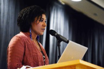 Miciana Hutcherson speaks after being named Warrior for Protecting Our Sacred Lands and Waters at a recent ceremony. (Photo courtesy CCTHITA)