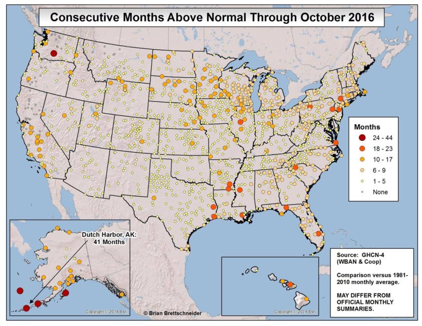 Weather stations in Alaska have logged an "unprecedented" run of above-normal temperatures, says climatologist Brian Brettschneider. (Graphic courtesy of Brian Brettschneider)