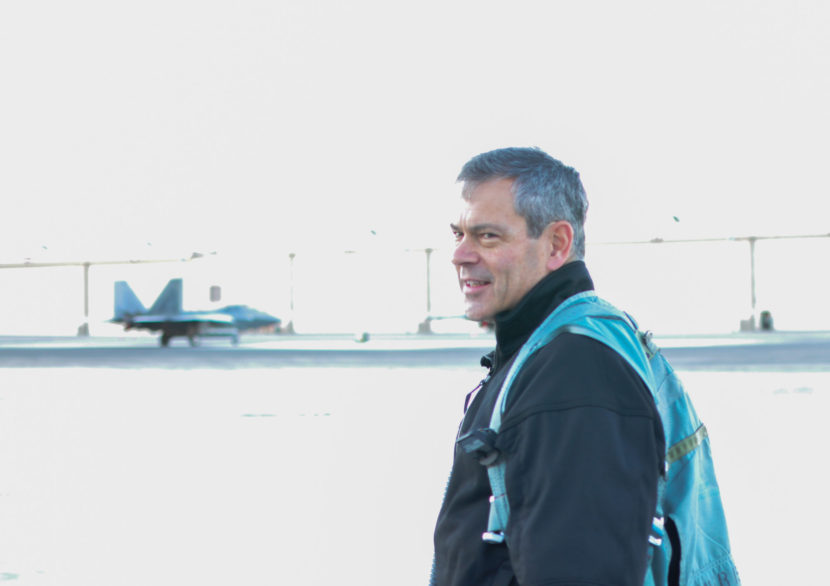 Lt. Gen. Kenneth Wilsbach walks out on the runway at Joint Base Elmendorf-Richardson to fly a training mission. (Photo by Zachariah Hughes/Alaska Public Media)