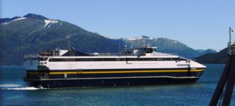 The fast ferry Chenega pulls into the Whittier terminal in September, 2011. It's been sidelined indefinitely. (Photo by Ed Schoenfeld/CoastAlaska News)