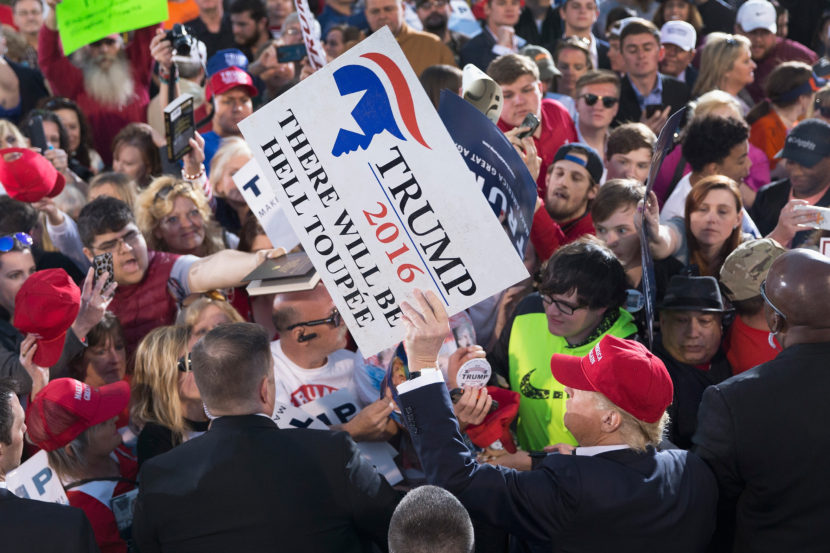 Donald Trump greets guests following a campaign rally in Madison, Ala., on Feb. 16, 2016. Scott Olson/Getty Images